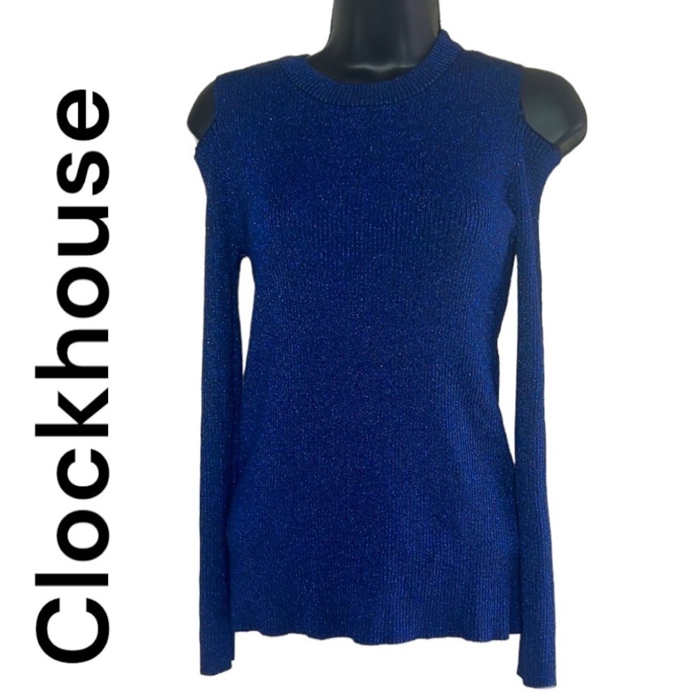 Clockhouse Blue Glittery Open Shoulder Stretchy Sweater Size M